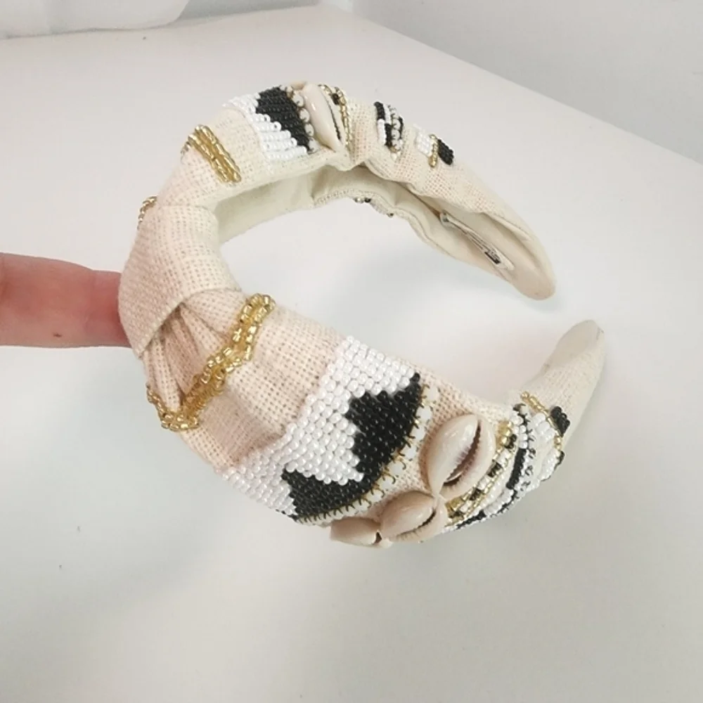 NEW Bohemian Beaded Shell Ivory Knot Headband - Picture 1 of 8